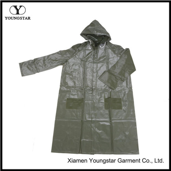 Dark Green Thick Long Vinyl Raincoat with Hood