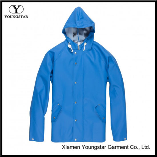 PVC Raincoat Jacket Unsex Long Blue Raincoat with Hood